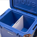 An open blue cooler containing a Blue Coolers Pro Accessory Kit For Ark 100 110 Quart Coolers with a removable white plastic divider inserted in the center.