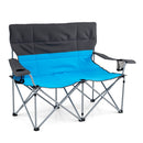 The DirectDeals Double Camping Chair with Carry Bag Cup Holders seats two, featuring a gray backrest, blue seat, metal frame, armrests, left cup holder, and right mesh pocket for convenience.