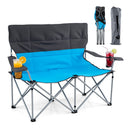 The DirectDeals Double Camping Chair with Carry Bag Cup Holders seats two, features blue and gray fabric, has cup holders in both armrests, and comes folded inside a gray carrying bag.