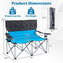 The DirectDeals Double Camping Chair with Carry Bag Cup Holders seats two, holds up to 661 lbs, weighs 12 lbs, and features armrests, cup holders, a carry bag; size: 54″W x 19″D x 16″H seat, 36.5″H back.