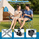A smiling couple relaxes on the DirectDeals Double Camping Chair with Carry Bag Cup Holders by their tent. Insets highlight its solid X-frame, reinforced metal joints, and anti-slip foot pads for sturdy 300KG support.