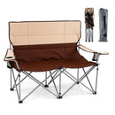 The DirectDeals Double Camping Chair with Carry Bag Cup Holders features two-tone padded seating, shown open, folded, and in its gray carry bag. Sturdy metal frame; perfect portable loveseat for outdoor use.