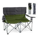 The DirectDeals Double Camping Chair with Carry Bag Cup Holders offers portable green and gray loveseat seating, shown open and folded next to its carrying bag.