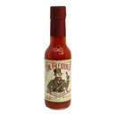A bottle of Powerful Pepper Dr. Gleaton's Chili Elixir Barrel Aged Hot Sauce from the Powerful Pepper Company, featuring a vintage-style label with a man in a suit and top hat holding a bottle and a heat rating at the bottom. This Louisiana style hot sauce delivers classic Southern flavor with every splash.