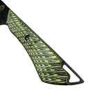 Close-up of the Spaceman Knives Gravity Series Nakiri handle, featuring a textured green and black zigzag pattern, a visible screw, and a lanyard hole.