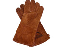A pair of SpitJack Fireplace & BBQ Gloves (Brown) are displayed overlapping each other on a white background, featuring brown suede leather construction and extended cuffs for extra wrist protection.