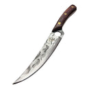 The Spaceman Knives Meteor Series Boning Knife features a patterned steel blade, wooden handle with brass rivets, and a circular cutout for precision trimming, displayed on marble beside a black cloth.