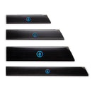 Four black straight knife edge-guards, each with a blue logo at the center, are displayed on a white background—the Messermeister Gourmet Edge-Guard Set (4 Piece) keeps your kitchen knives organized and safe.