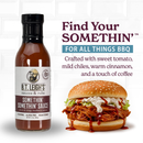 A bottle of B.T. Leigh’s Sweet & Tangy BBQ Sauce next to a pulled pork sandwich topped with white sauce and BBQ sauce, with text reading Find Your SOMETHIN FOR ALL THINGS BBQ and a description of ingredients.