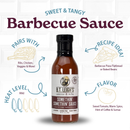 A bottle of B.T. Leigh’s The OG Box - Classic Flavors Gift Set surrounded by diagrams showing its mild heat level, flavor profile, and suggested food pairings like ribs and pizza for your next grilling seasoning.