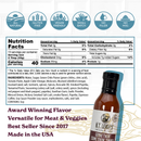 A nutrition facts label for B.T. Leigh’s Sweet & Tangy BBQ Sauce, including an ingredient list, dietary icons, and a partial view of the bottle.