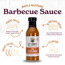 Bottle of B.T. Leigh’s Mustard Maple Rosemary BBQ Sauce centered against a white tiled background, surrounded by illustrative icons and text detailing flavor, heat level, pairing suggestions, and recipe ideas.