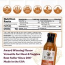 A nutritional information panel for B.T. Leigh’s Mustard Maple Rosemary BBQ Sauce, featuring dietary icons, ingredients, and the product bottle in the lower right corner.