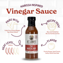 A bottle of B.T. Leigh’s Magical Mop Carolina Vinegar Sauce surrounded by infographic text highlighting pairing suggestions, recipe ideas, a medium heat level, and its flavor profile.