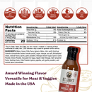 Bottle of award-winning B.T. Leigh’s Magical Mop Carolina Vinegar Sauce next to a nutrition facts label and icons for dietary information.