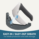 The NULU Knife with Sheath by NULU Inc. is pictured above its matching black-handle sheath, with a blue arrow illustrating how the blade fits securely inside for safe storage. Text below reads: Easy-in / Easy-out sheath ensures blade protection and safe storage—making The NULU Knife a practical and versatile addition to your kitchen from NULU Inc.