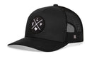 The Haka Hat El Paso Trucker Hat | Black ELP X Snapback features a mesh back and a black-and-white patch with crossed lines, letters ELP, and a Texas outline; it's part of the HAKA signature 5.0 snapback collection.