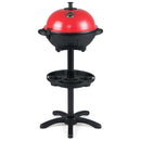 The DirectDeals Electric BBQ Grill 1200W Indoor Outdoor Grill with 2-Zone Non-Stick Grilling Plate features a red dome lid, built-in thermometer, tall black stand with a round shelf, cup holders, and sturdy four-feet base.