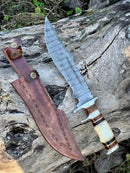 The Texan Knives Damascus Steel Sub-Hilt Fighter Bowie Knife 14” features a patterned blade and inlaid handle, paired with a brown leather sheath—an unforgettable premium Christmas gift for outdoor enthusiasts.