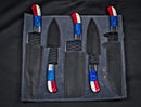 The Texan Knives Custom Hand Forged Carbon Steel Chef’s Knife Set includes 5 BBQ & kitchen knives with red, white, and blue handles in black leather sheaths, presented in a stylish dark gray roll-up case—an ideal anniversary gift for him.