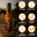A bottle of Elijah's Xtreme Enemies by Morning (Roasted Jalapeño) hot sauce from Elijah's Xtreme is displayed in front of a cowboy, with icons indicating: no MSG, non-GMO, no extracts, gluten free, no artificial ingredients, and vegan friendly. This roasted pepper hot sauce delivers a mild smoky flavor perfect for any meal.