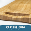 A close-up of the NULU Signature Cutting Board by NULU Inc., highlighting its ergonomic handle. Text reads: ERGONOMIC HANDLE. Easy to pick up. Easy to carry. This non-slip cutting board from NULU Inc. ensures stability as you prep your ingredients.