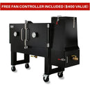 The Myron Mixon Smokers Gravity Fed Smoker RFG-60 is a large black USA-made grill with dual temperature gauges, side firebox, handles, and four wheels. A red banner announces: FREE FAN CONTROLLER INCLUDED ($400 VALUE).