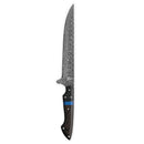 The Dahlia Carving Knife by Folded Steel features an AUS10 stainless Damascus steel blade with a patterned design, a dark wood handle with silver rivets and blue accent. Ideal for slicing brisket, it's showcased on a white background.