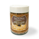 A 6oz jar of SALTOPIA Infused Sea Salts Everything Bagel Salt features a white lid, brown label with a bagel image, and delivers flavorful low carb seasoning.