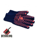 A pair of blue Butcher BBQ Extreme Heat Resistant Cooking Gloves with red grip dots and a cleaver logo in the bottom left corner.