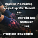 A person in blue and red Butcher BBQ Extreme Heat Resistant Cooking Gloves adjusts a grill rack. Text notes 12-inch length, wrist protection, moisture-wicking liner, and heat resistance up to 932°F.
