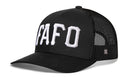 The Haka Hat FAFO Trucker Hat by Haka Hat features bold white 3D "FAFO" embroidery, a curved bill, black mesh back, snapback closure, and a structured front. This black hat stands for "Fuck Around, Find Out.