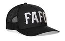 The Haka Hat FAFO Trucker Hat is a black snapback featuring bold white 3D “FAFO” embroidery, curved brim, and black mesh sides and back. Brand: Haka Hat.