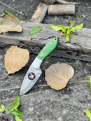 The Texan Knives Handmade Skinner Knife, featuring an 8" Damascus steel blade and a green Pakkawood & wire-cut handle, rests on gray stone among brown leaves, green plants, weathered wood, and its leather sheath.