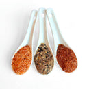 Three white ceramic spoons display SALTOPIA Infused Sea Salts from the FOODIE AFICIONADO Gift Set, featuring Hickory Smoke, Everything Bagel, and Mexican blends in vibrant red, brown with black specks, and reddish-orange on a white background.