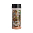 A 4 oz plastic bottle of Hickman's BBQ Natural All Purpose Wild Game Seasoning with a black lid and a forest-themed label—an all-natural, calorie- and fat-free meat rub.