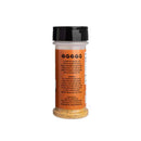 A Hickman's BBQ Bovine Bonanza Beef Rub shaker with an orange label and black cap is shown from the back, displaying text, icons, and ingredients like "all natural steak rub," though the details are not fully readable on a white background.