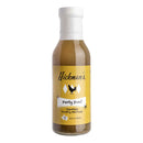 A bottle of Hickman's BBQ Party Fowl Poultry Package, featuring a yellow label, white cap, and black chicken graphics on the front—perfect for infusing flavor before adding your favorite poultry rub or BBQ chicken seasoning.