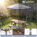 The DirectDeals Fir Wood Kids Picnic Table with 2 Built-in Benches and Umbrella is shown in a backyard, with close-ups labeling its adjustable height, umbrella hole diameter, and detachable pole.