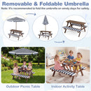 Kids enjoy the DirectDeals Fir Wood Kids Picnic Table with 2 Built-in Benches and Umbrella, featuring matching stripes and adjustable uses for indoor or outdoor fun.