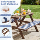 DirectDeals Fir Wood Kids Picnic Table with 2 Built-in Benches and Umbrella features soft striped seat cushions, ideal for drinks and snacks. Insets highlight sponge filling, fixing straps, and removable removable covers.