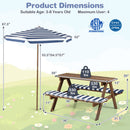 DirectDeals Fir Wood Kids Picnic Table with 2 Built-in Benches and Umbrella seats 4 kids ages 3-8; benches hold up to 330 lbs each, table holds 110 lbs. Features adjustable blue and white umbrella; dimensions shown on grassy background.