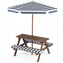 The DirectDeals Fir Wood Kids Picnic Table with 2 Built-in Benches and Umbrella features blue and white striped cushions and a matching adjustable umbrella for shaded outdoor fun.