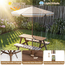 The DirectDeals Fir Wood Kids Picnic Table with 2 Built-in Benches and Umbrella stands in a backyard split by sun and drizzle; insets highlight the locking pin, umbrella hole diameter, and detachable pole.