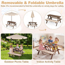 DirectDeals Fir Wood Kids Picnic Table with 2 Built-in Benches and Umbrella shown indoors and outdoors. Kids are seated, showing play and picnic use. Text highlights its adjustable, removable umbrella and versatile design.