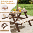The DirectDeals Fir Wood Kids Picnic Table with 2 Built-in Benches and Umbrella features striped padded cushions, secure fixing straps, supportive sponge filling, and removable cushions for versatile comfort.