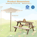 The DirectDeals Fir Wood Kids Picnic Table with 2 Built-in Benches and Umbrella seats 4 kids (ages 3–8, 330 lbs/seat), measures 36″x31.5″x22″, and features an adjustable umbrella for comfort.
