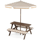 The DirectDeals Fir Wood Kids Picnic Table with 2 Built-in Benches and Umbrella features a large beige-and-white striped adjustable umbrella and matching cushioned seats.