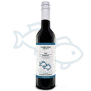 A dark glass bottle of Georgetown Olive Oil Co. Fish Marinade is shown on a white background with two fish illustrations and a large light blue fish outline behind it. This citrus marinade from Georgetown Olive Oil Co. blends lemon and grapefruit for a refreshing Mediterranean flavor, making it perfect for enhancing your favorite seafood dishes.