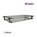 Two stacked, rectangular metal grill grates with a diamond-mesh surface, labeled with 2 Racks and a Made in America emblem, for the Pimp My Grill® Gen2 Slide-Out Rack System - 2 Racks for Pit Boss Austin XL.